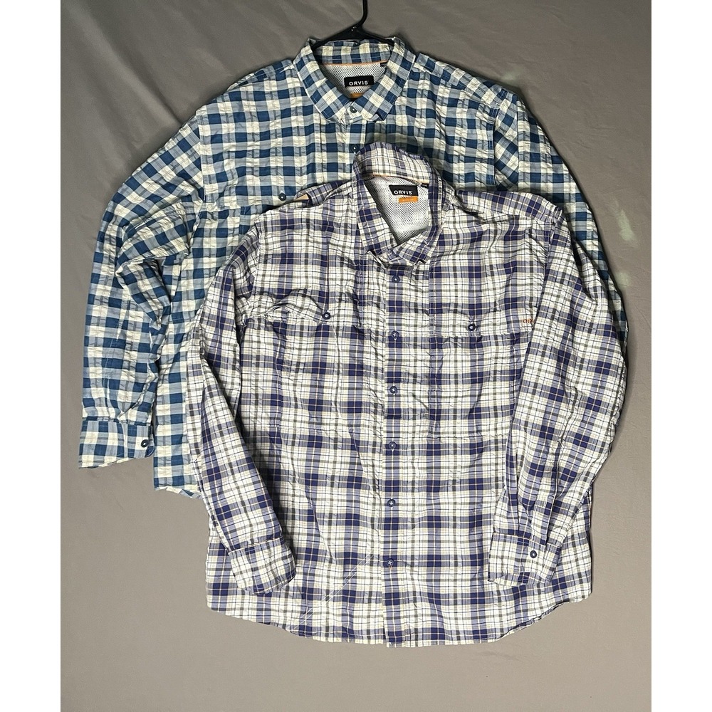 Orvis Active Fit Seersucker Shirts Men's 2XL Plaid Long Skeeve Button Up Lot X2